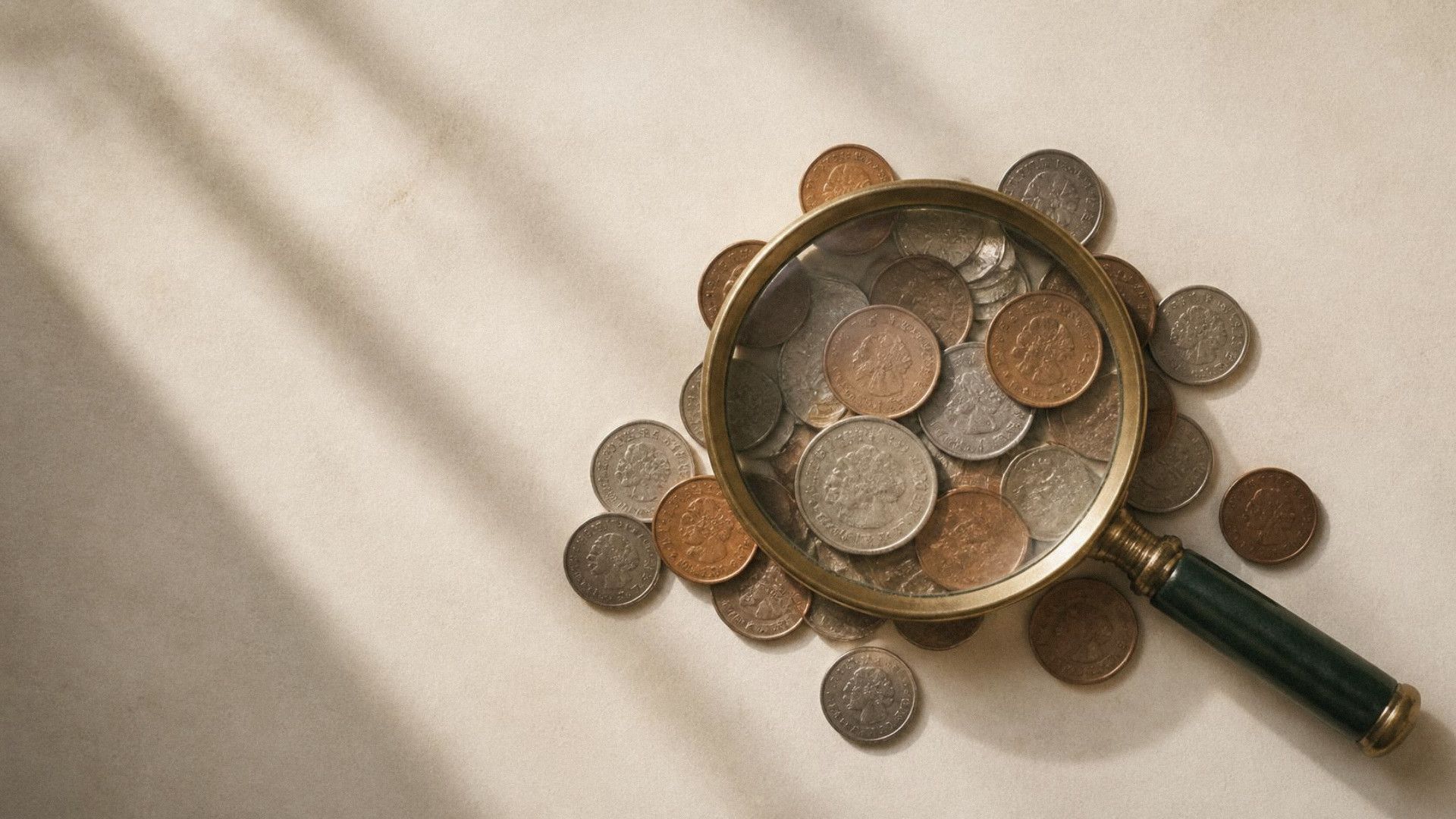 A brass magnifying glass lying on a spread of copper and silver coins